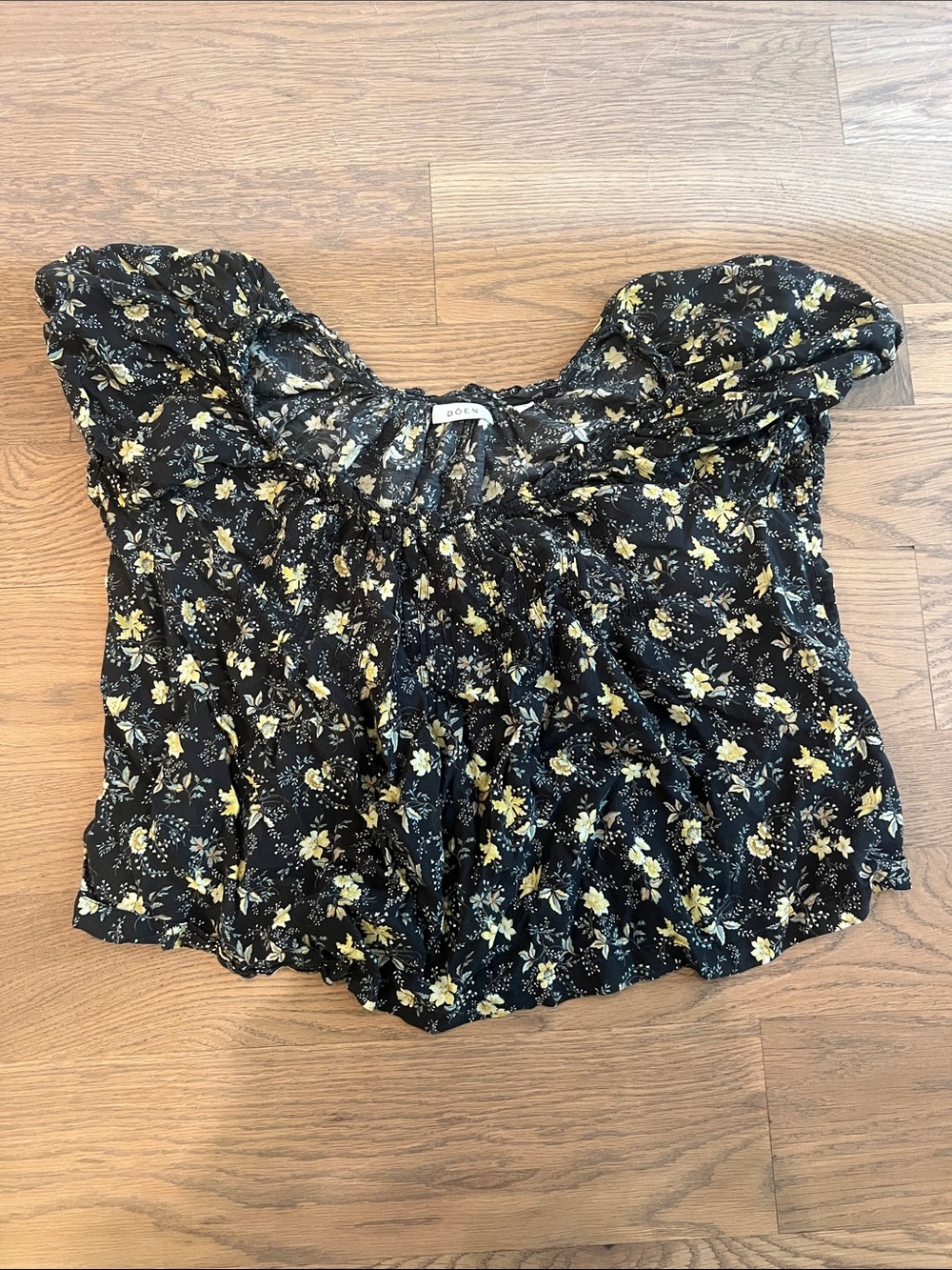 Doen Black Blouse with Yellow Floral Print